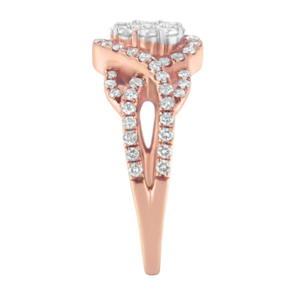10K Rose Gold 3/4 Cttw Diamond Floral Cluster Head and Twisted Shank Cocktail Ring - Nobiliving
