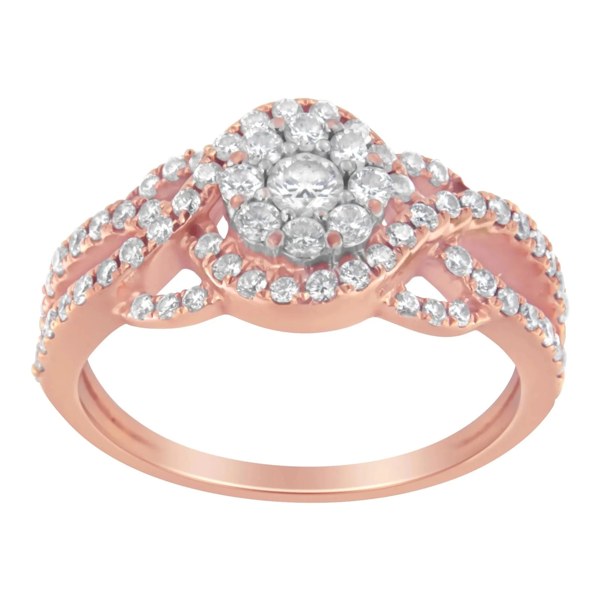 10K Rose Gold 3/4 Cttw Diamond Floral Cluster Head and Twisted Shank Cocktail Ring - Nobiliving