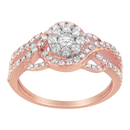 10K Rose Gold 3/4 Cttw Diamond Floral Cluster Head and Twisted Shank Cocktail Ring - Nobiliving