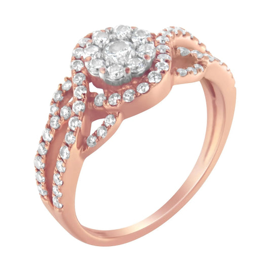 10K Rose Gold 3/4 Cttw Diamond Floral Cluster Head and Twisted Shank Cocktail Ring - Nobiliving
