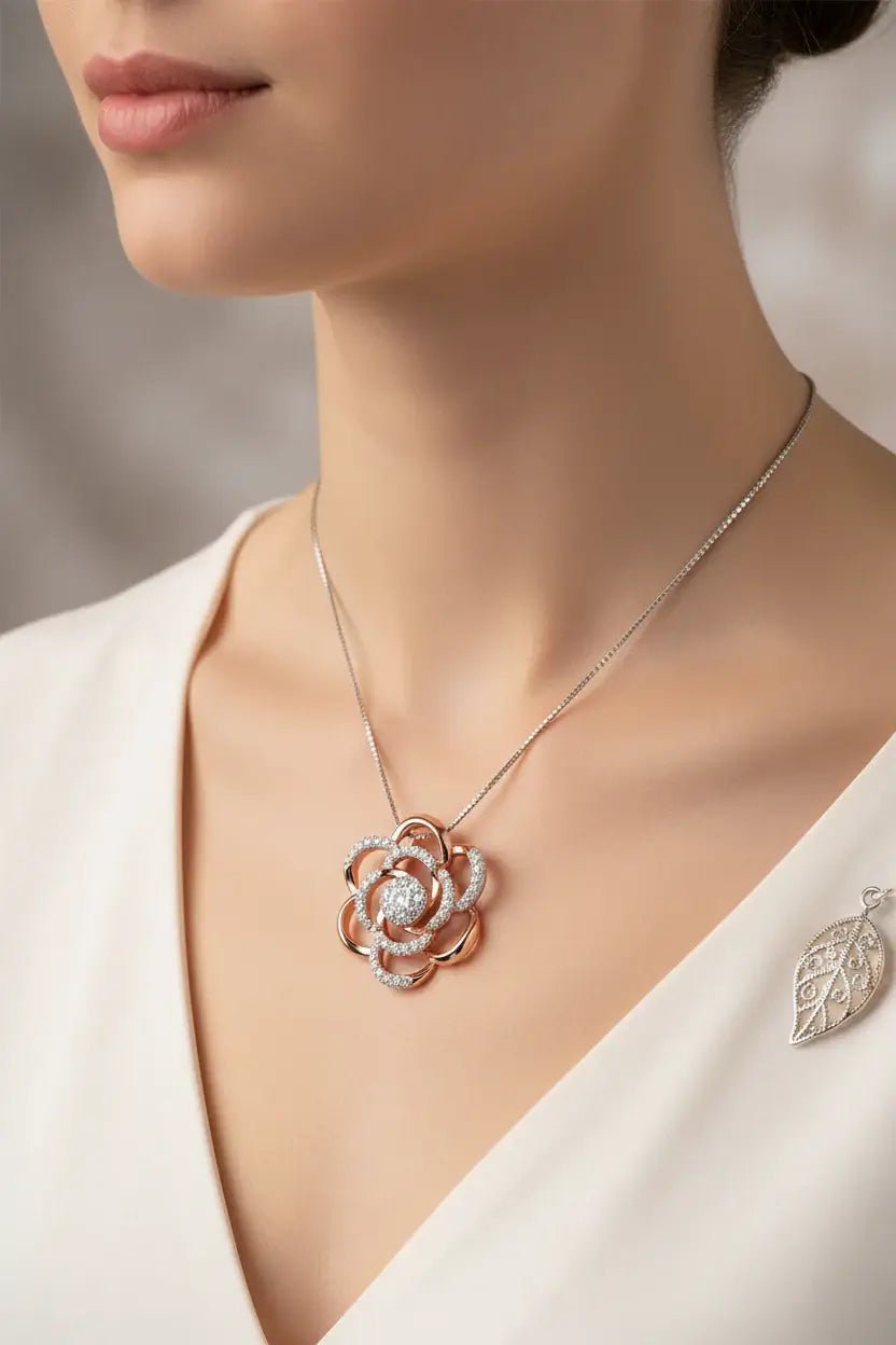 10K Rose Gold Plated Flower Accent Pendant Necklace