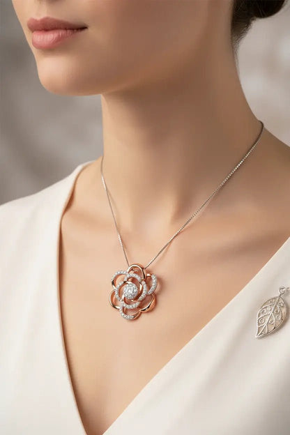 10K Rose Gold Plated Flower Accent Pendant Necklace
