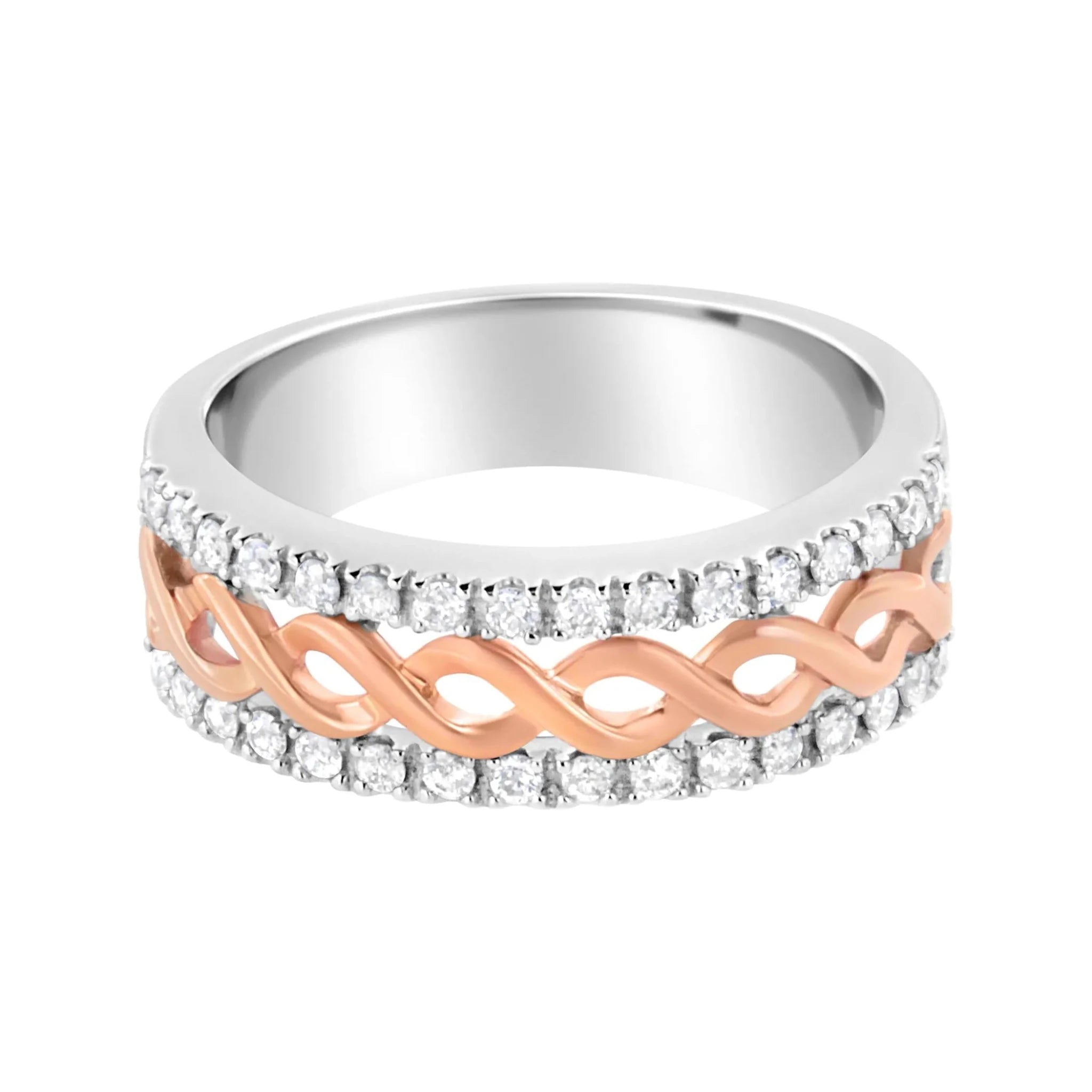 10K White and Rose Gold 1/3 Cttw Diamond Split Shank and Infinity Ribbon Band Ring - Nobiliving