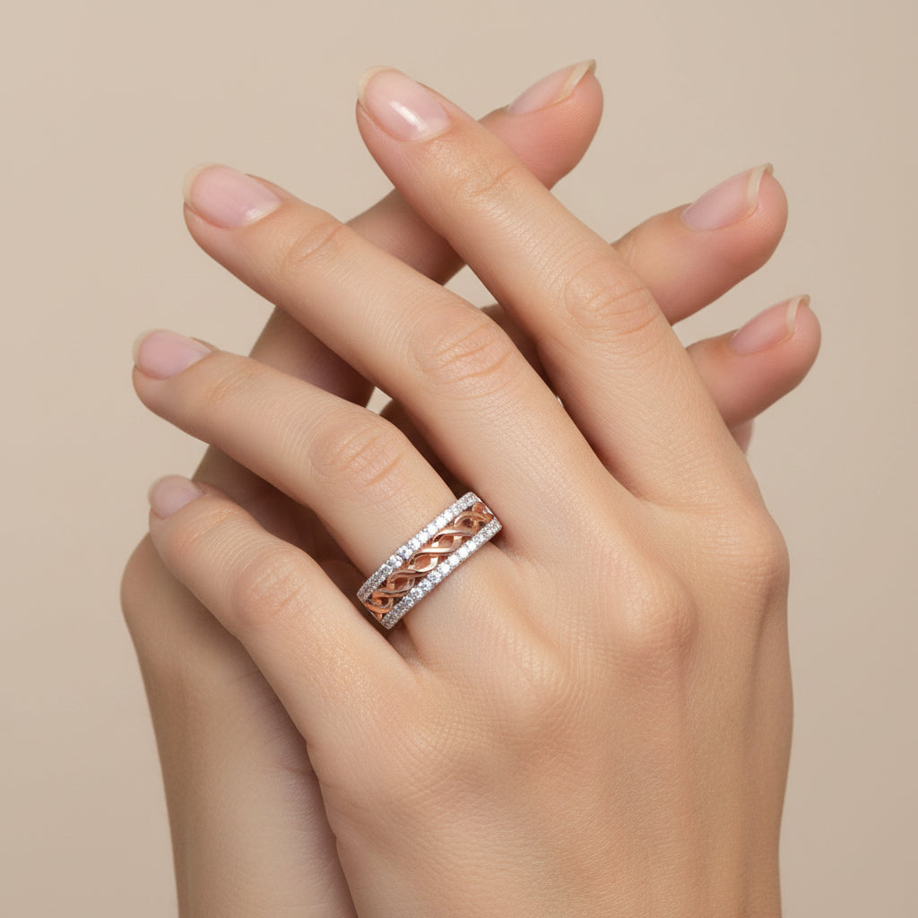 10K White and Rose Gold 1/3 Cttw Diamond Split Shank and Infinity Ribbon Band Ring - Nobiliving
