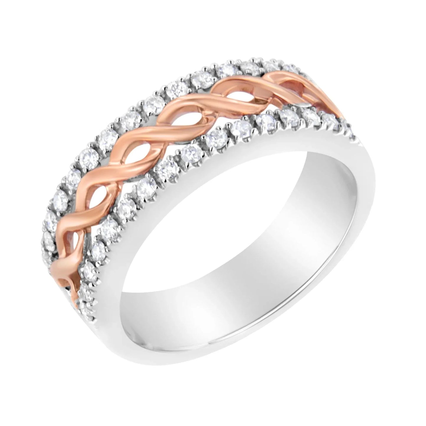 10K White and Rose Gold 1/3 Cttw Diamond Split Shank and Infinity Ribbon Band Ring - Nobiliving