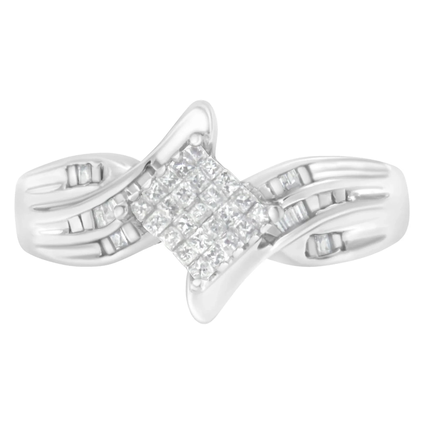10K White Gold 1/3 Cttw Princess and Baguette Cut Diamond Bypass Style Cocktail Ring - Nobiliving
