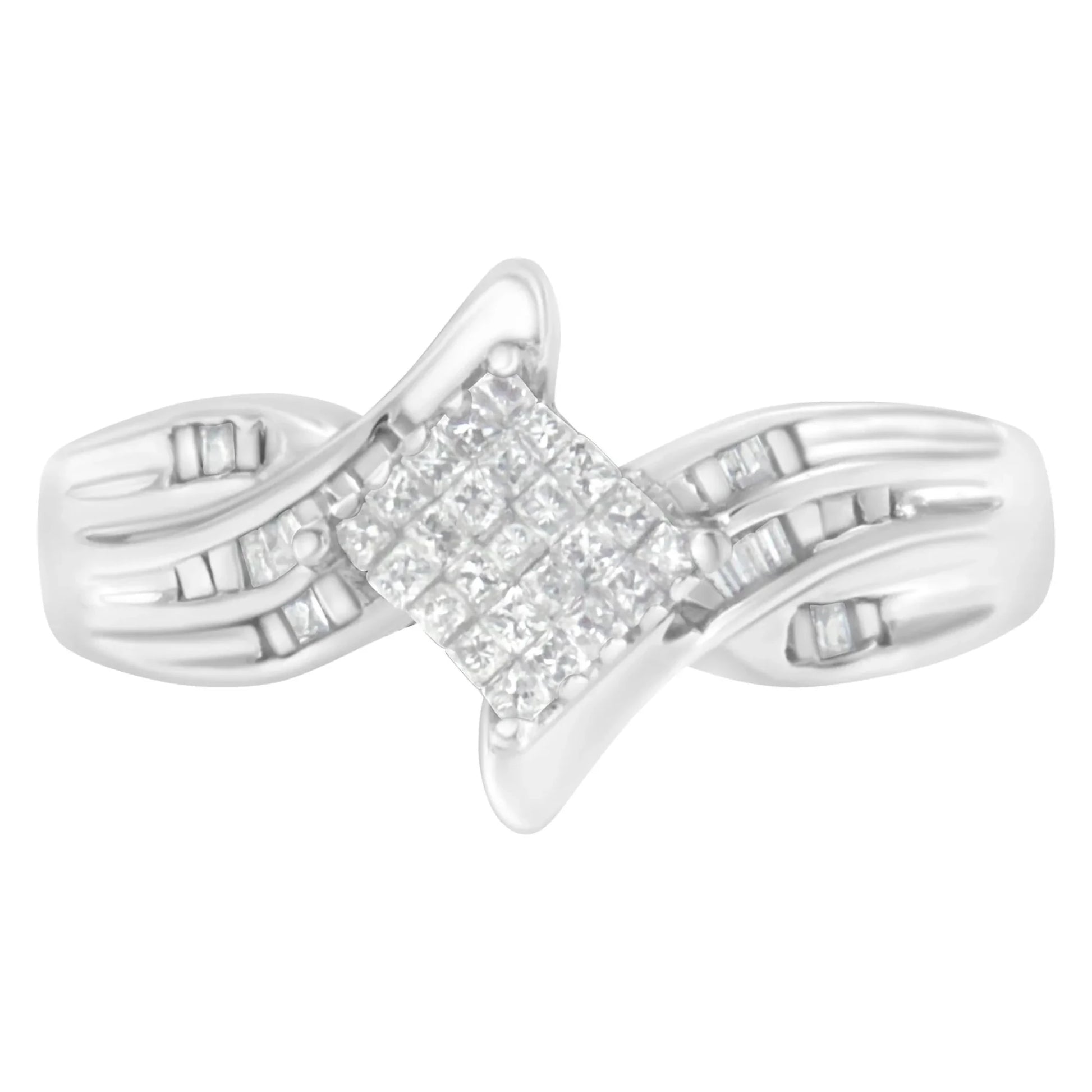 10K White Gold 1/3 Cttw Princess and Baguette Cut Diamond Bypass Style Cocktail Ring - Nobiliving