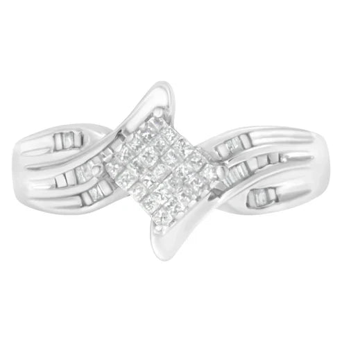 10K White Gold 1/3 Cttw Princess and Baguette Cut Diamond Bypass Style Cocktail Ring