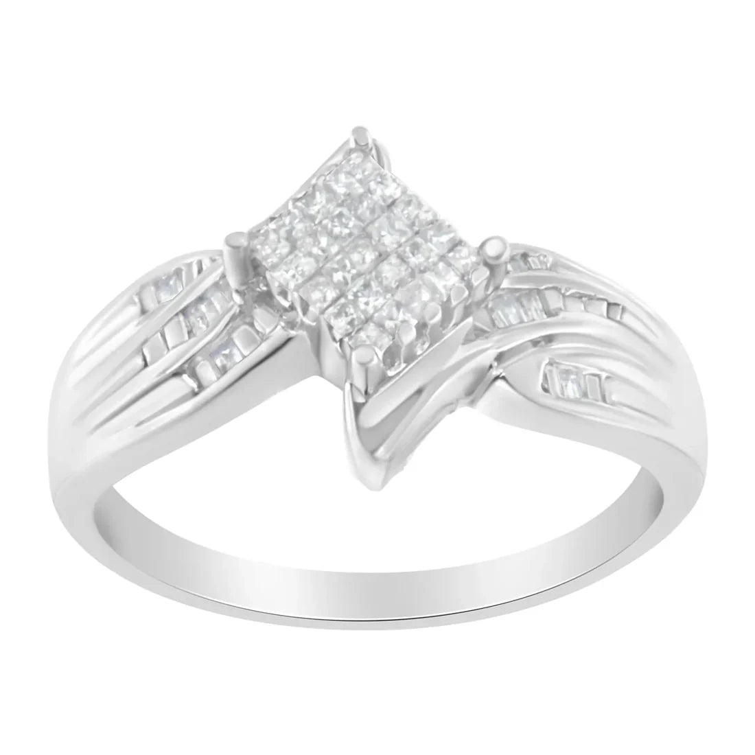 10K White Gold 1/3 Cttw Princess and Baguette Cut Diamond Bypass Style Cocktail Ring
