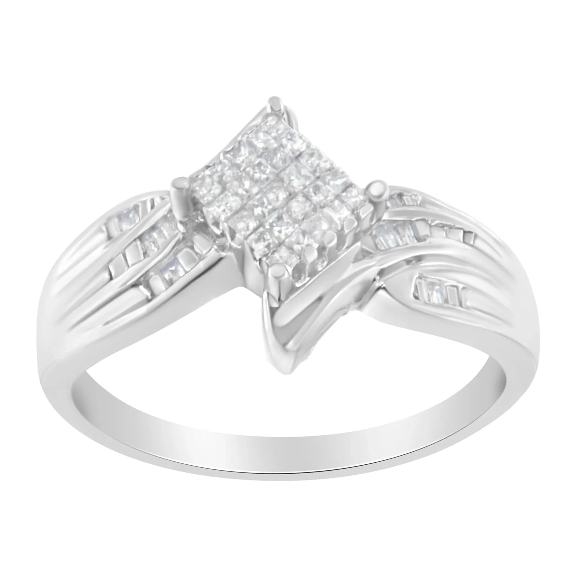 10K White Gold 1/3 Cttw Princess and Baguette Cut Diamond Bypass Style Cocktail Ring - Nobiliving