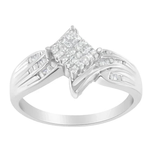 10K White Gold 1/3 Cttw Princess and Baguette Cut Diamond Bypass Style Cocktail Ring
