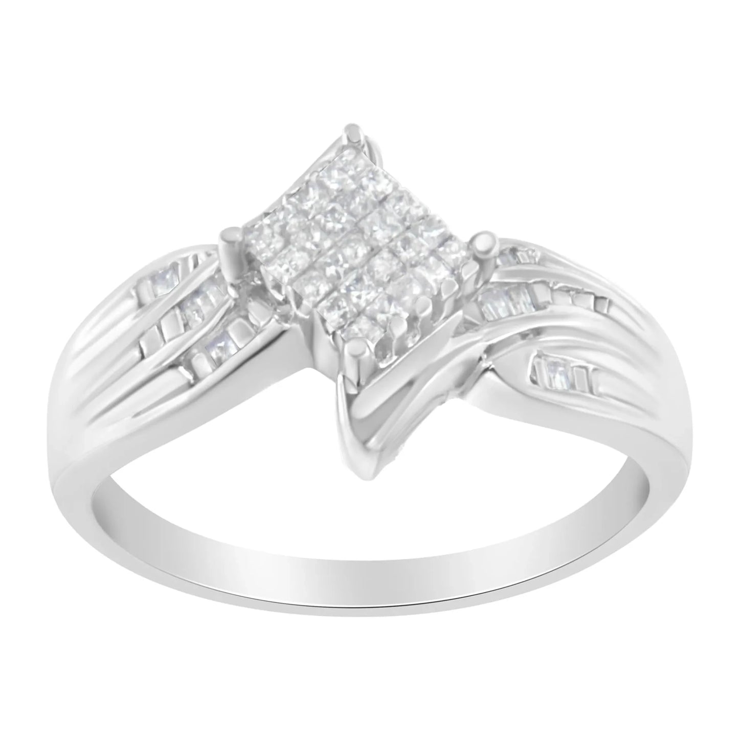 10K White Gold 1/3 Cttw Princess and Baguette Cut Diamond Bypass Style Cocktail Ring - Nobiliving