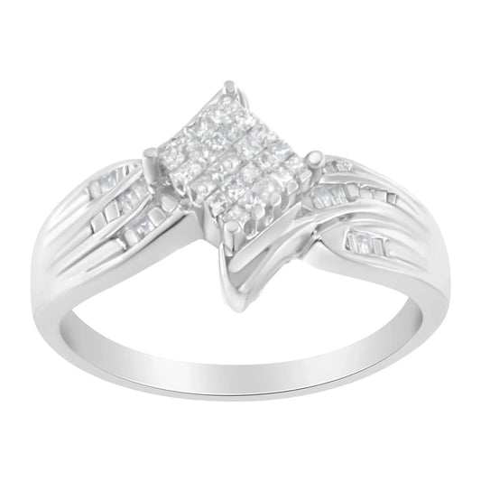 10K White Gold 1/3 Cttw Princess and Baguette Cut Diamond Bypass Style Cocktail Ring - Nobiliving