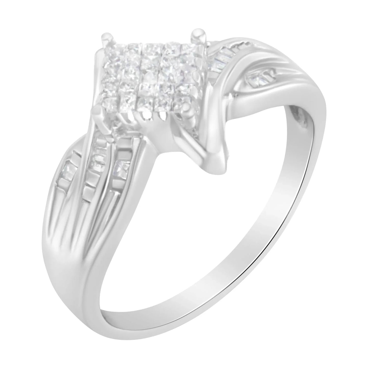 10K White Gold 1/3 Cttw Princess and Baguette Cut Diamond Bypass Style Cocktail Ring - Nobiliving