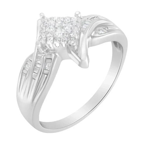 10K White Gold 1/3 Cttw Princess and Baguette Cut Diamond Bypass Style Cocktail Ring