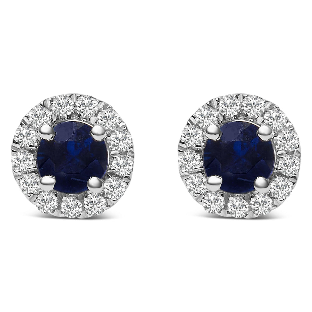 10K White Gold 3.25mm x 3.25mm Round Blue Sapphire and 1/10 Cttw Diamond Halo Stud Earrings - Nobiliving