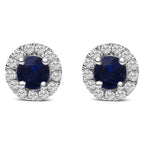 10K White Gold 3.25mm x 3.25mm Round Blue Sapphire and 1/10 Cttw Diamond Halo Stud Earrings - Nobiliving