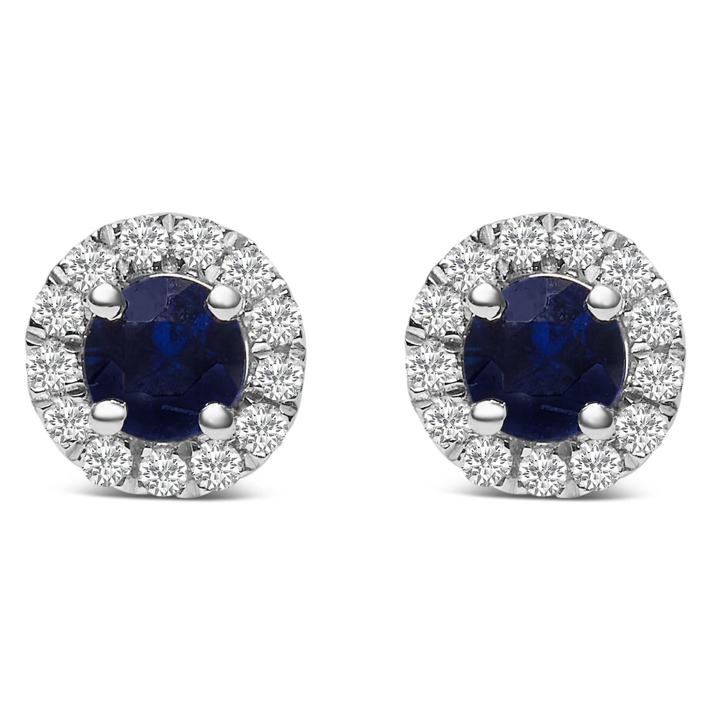10K White Gold 3.25mm x 3.25mm Round Blue Sapphire and 1/10 Cttw Diamond Halo Stud Earrings - Nobiliving