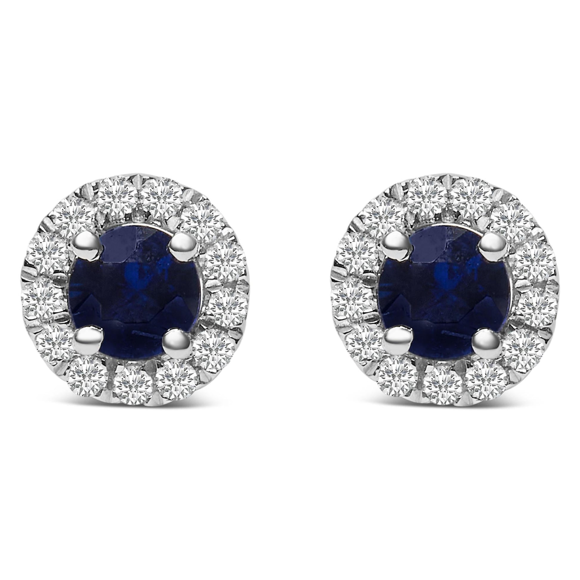 10K White Gold 3.25mm x 3.25mm Round Blue Sapphire and 1/10 Cttw Diamond Halo Stud Earrings - Nobiliving