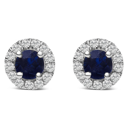 10K White Gold 3.25mm x 3.25mm Round Blue Sapphire and 1/10 Cttw Diamond Halo Stud Earrings - Nobiliving