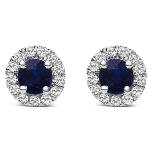 10K White Gold 3.25mm x 3.25mm Round Blue Sapphire and 1/10 Cttw Diamond Halo Stud Earrings - Nobiliving