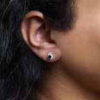 10K White Gold 3.25mm x 3.25mm Round Blue Sapphire and 1/10 Cttw Diamond Halo Stud Earrings - Nobiliving