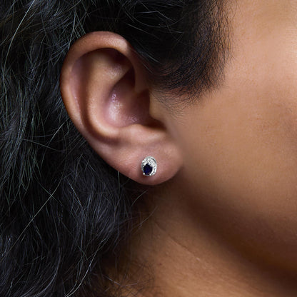 10K White Gold 3.25mm x 3.25mm Round Blue Sapphire and 1/10 Cttw Diamond Halo Stud Earrings - Nobiliving