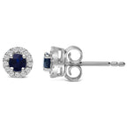10K White Gold 3.25mm x 3.25mm Round Blue Sapphire and 1/10 Cttw Diamond Halo Stud Earrings - Nobiliving