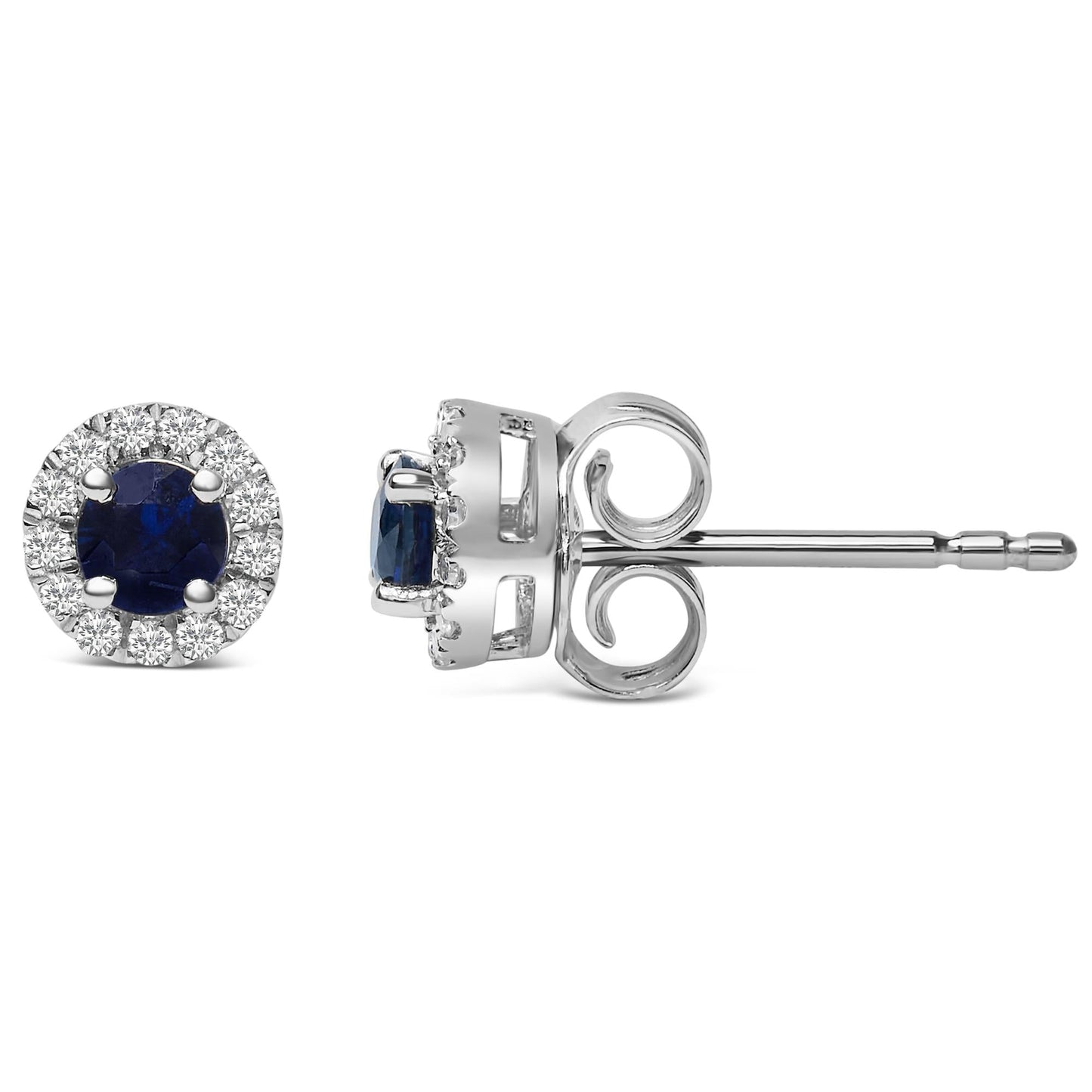 10K White Gold 3.25mm x 3.25mm Round Blue Sapphire and 1/10 Cttw Diamond Halo Stud Earrings - Nobiliving
