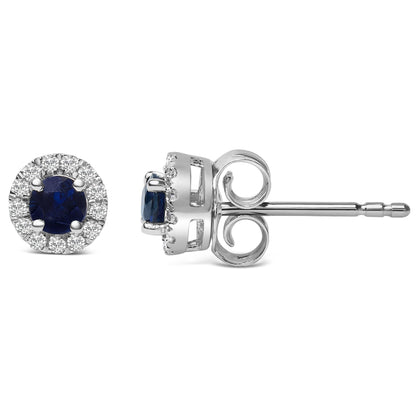 10K White Gold 3.25mm x 3.25mm Round Blue Sapphire and 1/10 Cttw Diamond Halo Stud Earrings - Nobiliving