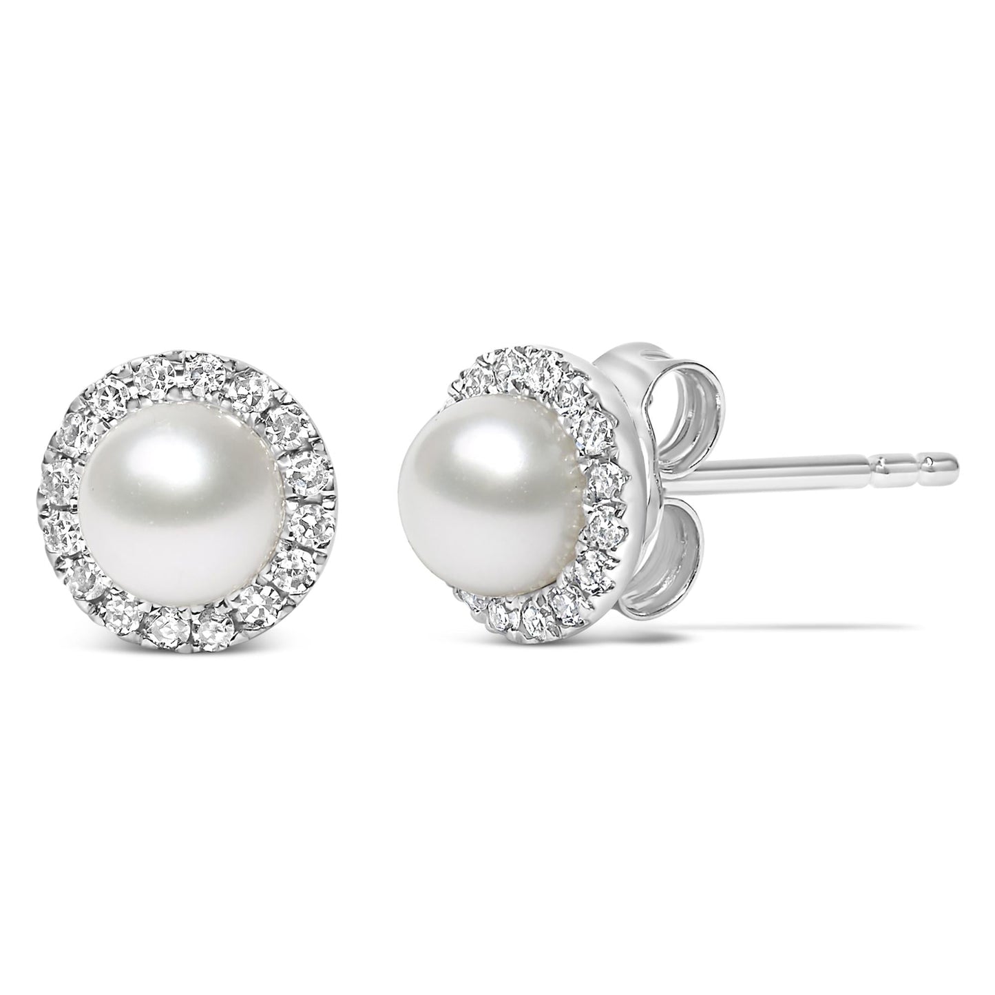 10K White Gold 4.5mm Cultured Freshwater Pearl and 1/7 Cttw Diamond Halo Stud Earring - Nobiliving