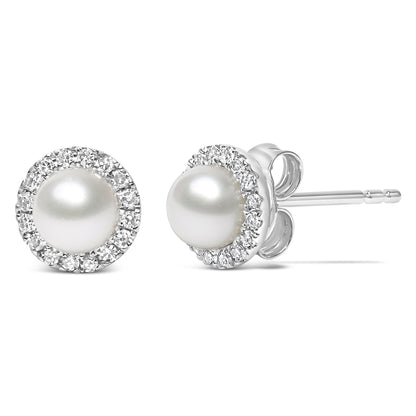 10K White Gold 4.5mm Cultured Freshwater Pearl and 1/7 Cttw Diamond Halo Stud Earring - Nobiliving