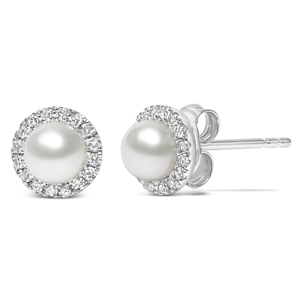 10K White Gold 4.5mm Cultured Freshwater Pearl and 1/7 Cttw Diamond Halo Stud Earring