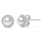 10K White Gold 4.5mm Cultured Freshwater Pearl and 1/7 Cttw Diamond Halo Stud Earring
