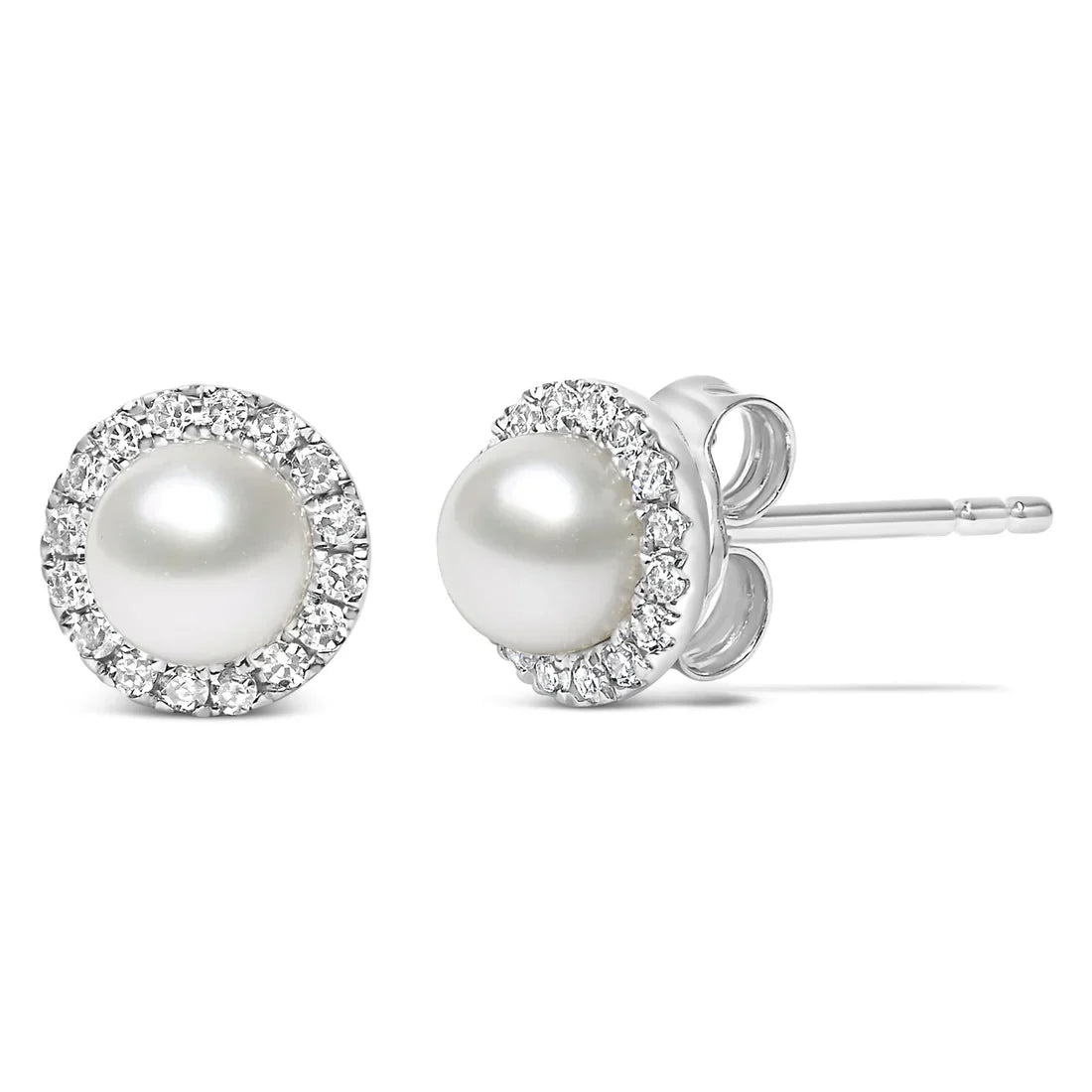 10K White Gold 4.5mm Cultured Freshwater Pearl and 1/7 Cttw Diamond Halo Stud Earring