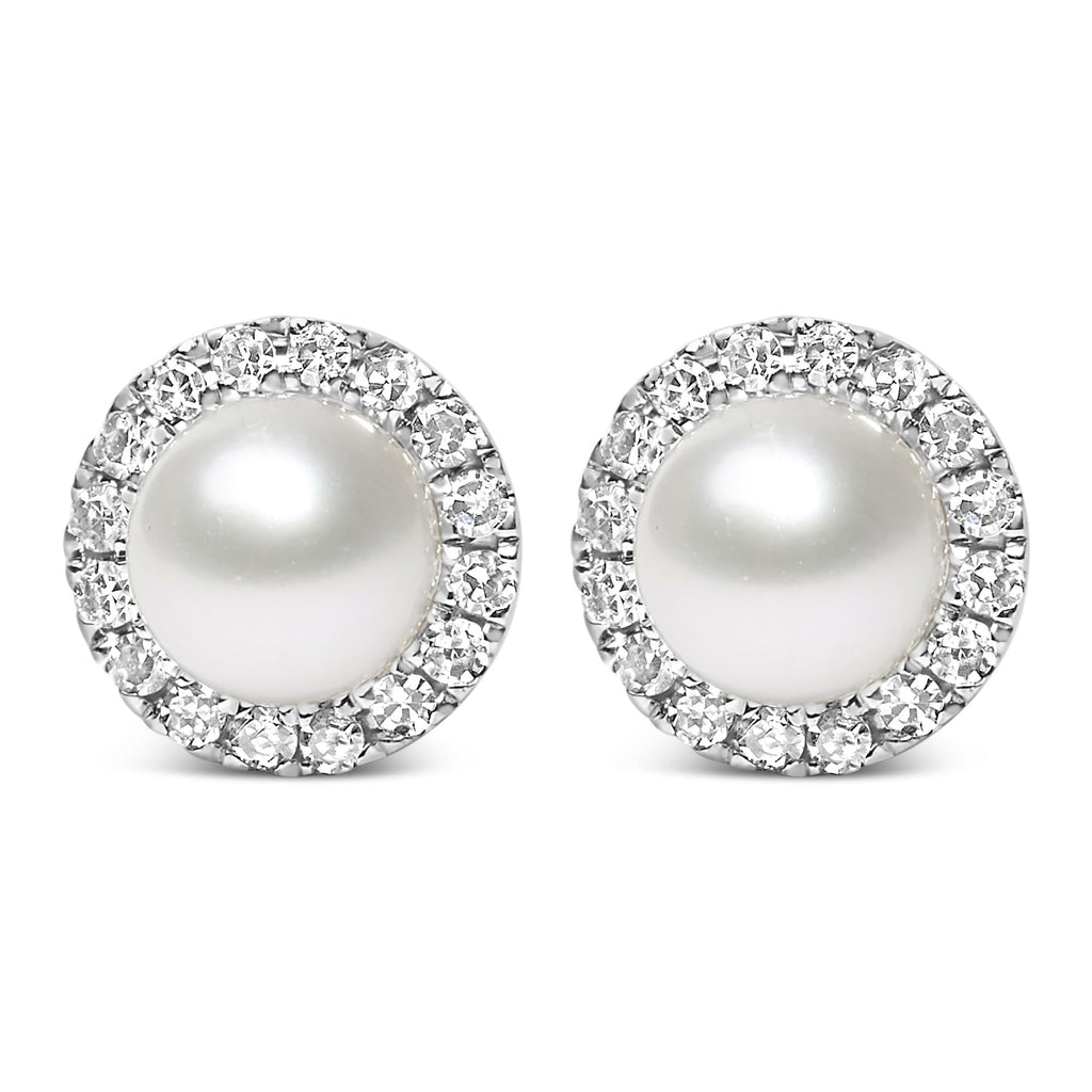 10K White Gold 4.5mm Cultured Freshwater Pearl and 1/7 Cttw Diamond Halo Stud Earring- Nobiliving