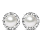 10K White Gold 4.5mm Cultured Freshwater Pearl and 1/7 Cttw Diamond Halo Stud Earring- Nobiliving