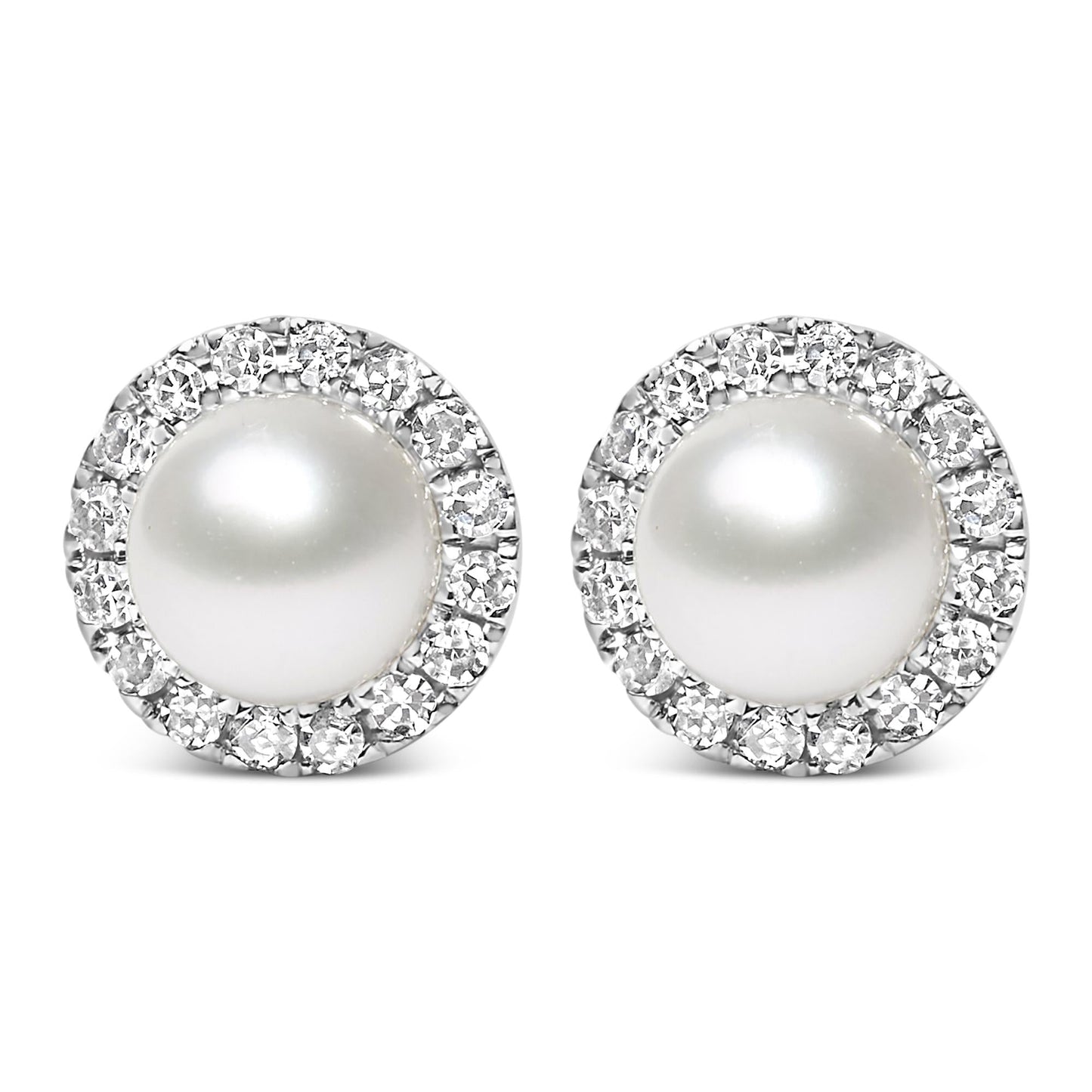 10K White Gold 4.5mm Cultured Freshwater Pearl and 1/7 Cttw Diamond Halo Stud Earring- Nobiliving