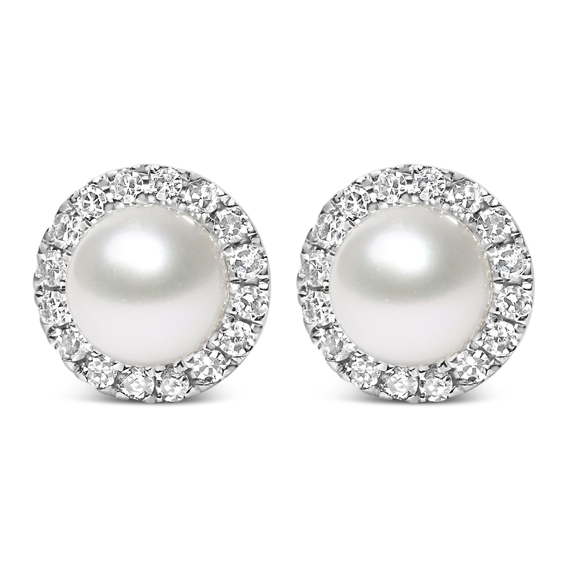 10K White Gold 4.5mm Cultured Freshwater Pearl and 1/7 Cttw Diamond Halo Stud Earring- Nobiliving