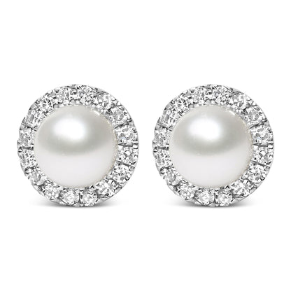 10K White Gold 4.5mm Cultured Freshwater Pearl and 1/7 Cttw Diamond Halo Stud Earring- Nobiliving