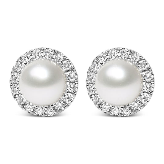 10K White Gold 4.5mm Cultured Freshwater Pearl and 1/7 Cttw Diamond Halo Stud Earring- Nobiliving
