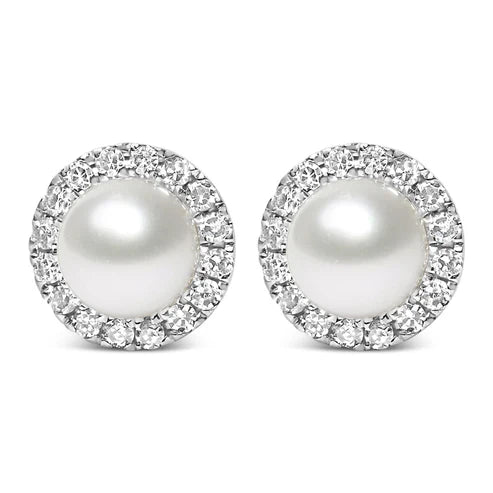 10K White Gold 4.5mm Cultured Freshwater Pearl and 1/7 Cttw Diamond Halo Stud Earring