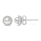 10K White Gold 4.5mm Cultured Freshwater Pearl and 1/7 Cttw Diamond Halo Stud Earring - Nobiliving