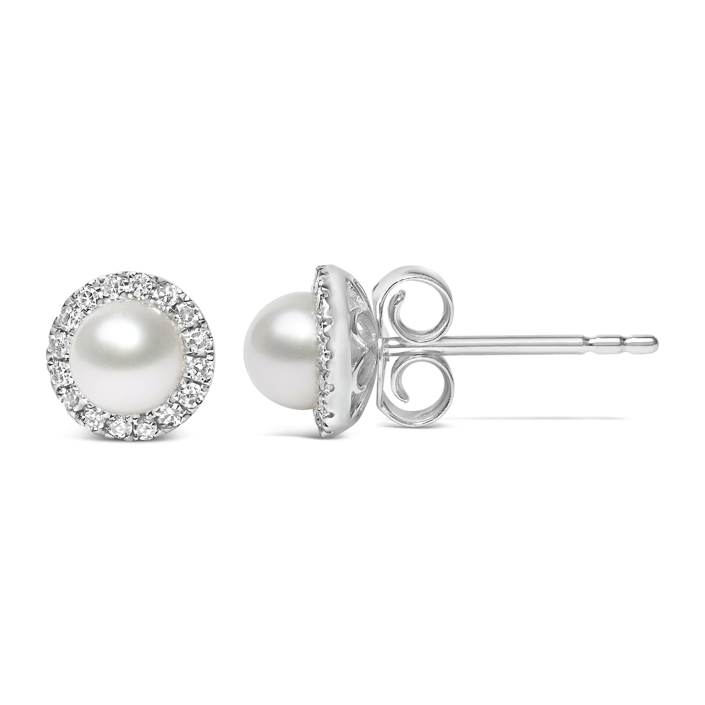10K White Gold 4.5mm Cultured Freshwater Pearl and 1/7 Cttw Diamond Halo Stud Earring - Nobiliving