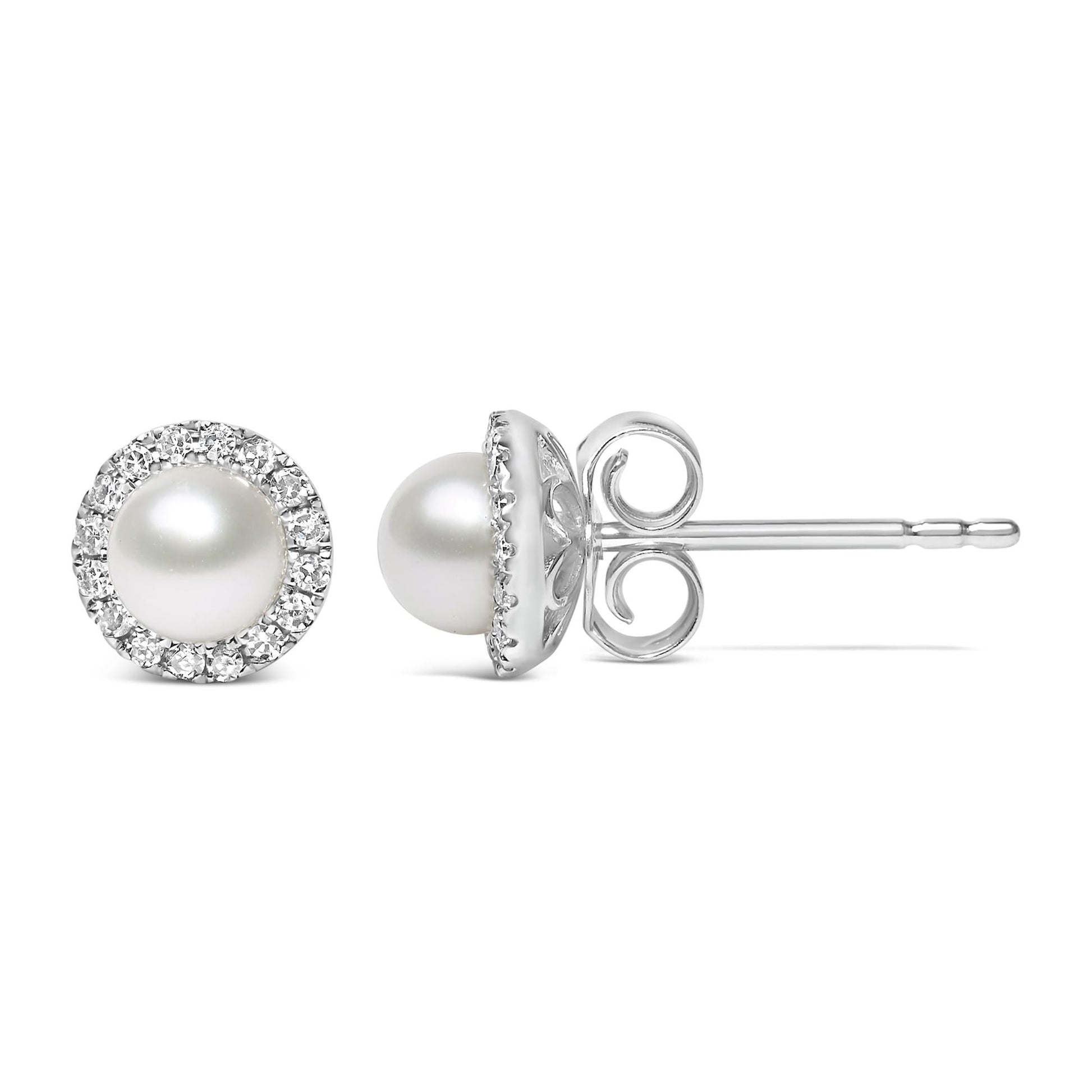 10K White Gold 4.5mm Cultured Freshwater Pearl and 1/7 Cttw Diamond Halo Stud Earring - Nobiliving
