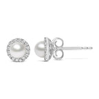 10K White Gold 4.5mm Cultured Freshwater Pearl and 1/7 Cttw Diamond Halo Stud Earring