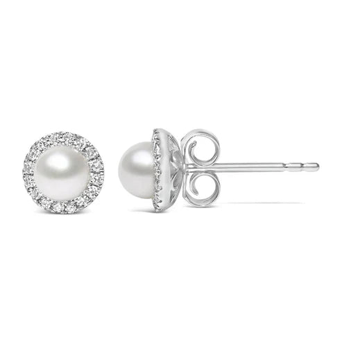 10K White Gold 4.5mm Cultured Freshwater Pearl and 1/7 Cttw Diamond Halo Stud Earring