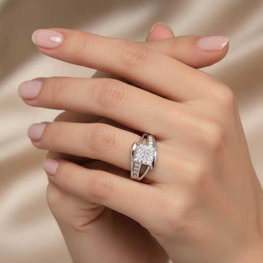 10K White Gold Princess-cut Diamond Cluster Bypass Ring