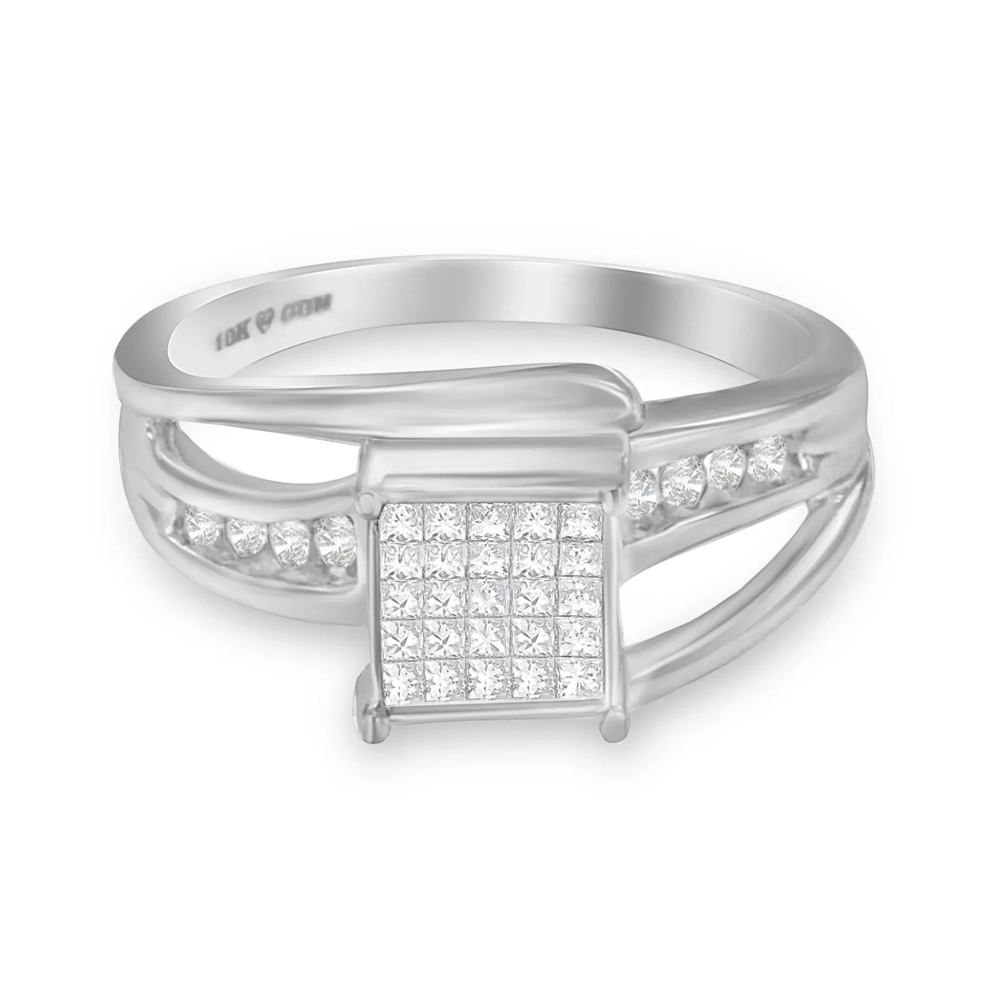 10K White Gold Princess-cut Diamond Cluster Bypass Ring