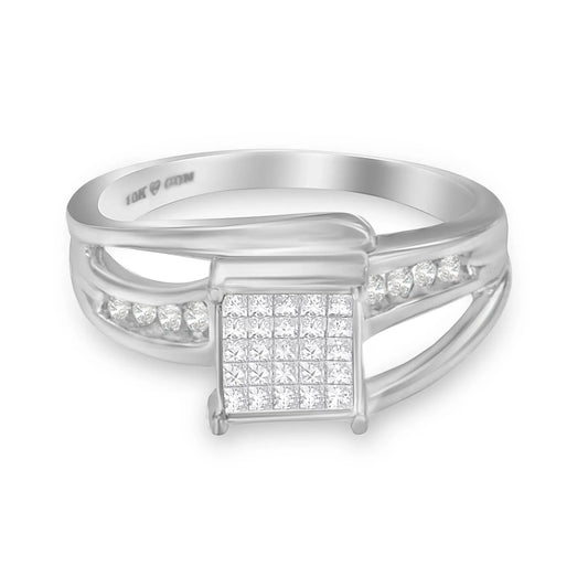 10K White Gold Princess-cut Diamond Cluster Bypass Ring